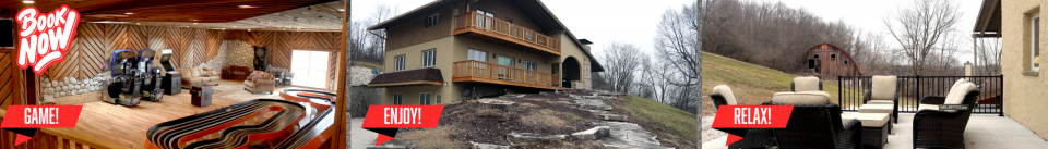 Interior and exterior photographs of chalets